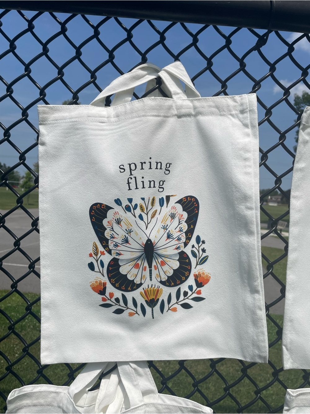 Spring Fling Butterfly Canvas Tote - White with Navy & Orange Floral Print
